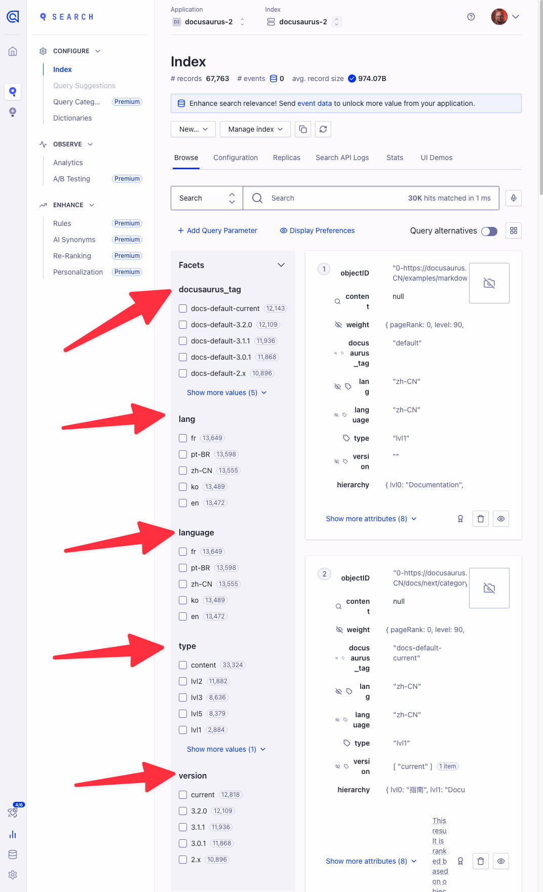 Algolia index showing appropriate faceting fields